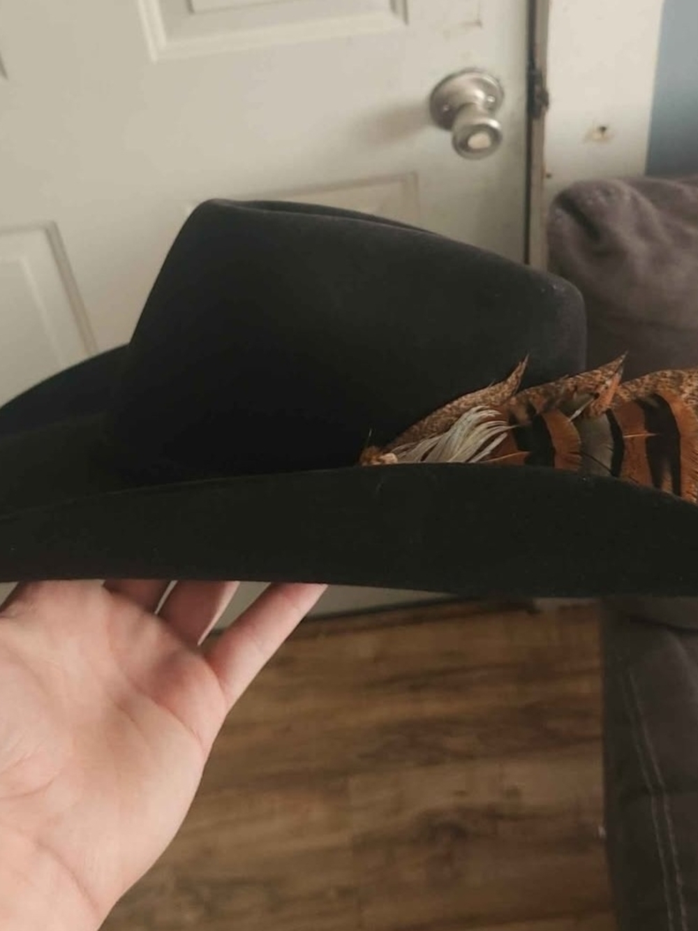 Black Felt Fedora Hat with Feather Accent for Men